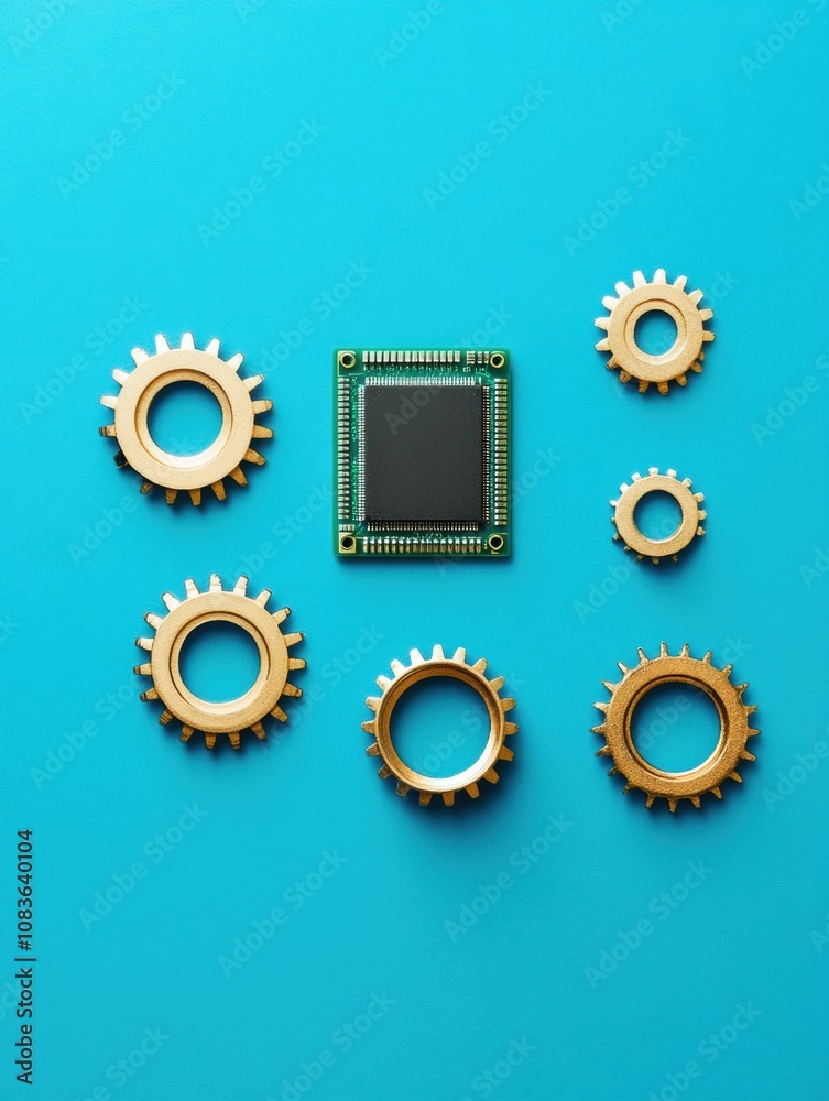 Leinwandbilder an arrangement of golden gears surrounds a microprocessor on a vibrant blue surface, showcasing thei