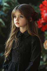 Naklejka premium A little girl in a black dress with a flower in her hair