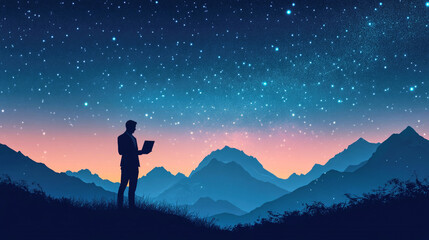 Fototapeta premium A businessman stands with a laptop beneath a starry sky near a majestic mountain range