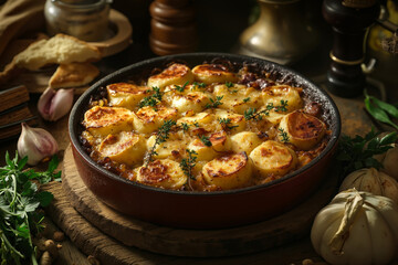 A dish of potatoes and garlic on a wooden table