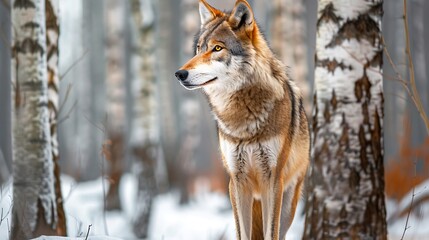 Fototapeta premium A wolf standing gracefully in a snowy forest, showcasing its natural beauty and habitat.