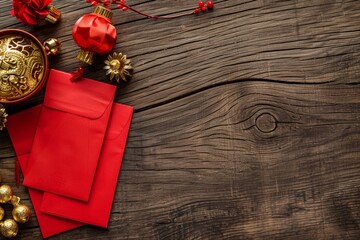 Chinese New Year Decorations on Wooden Background