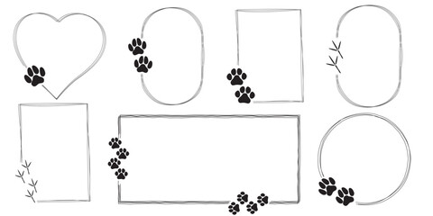 Set of cute hand drawn frames with pet footprints. Pet paw quote speech bubble. © Svitlana Tolmach 