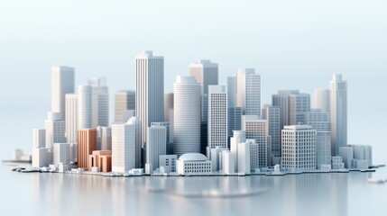 Obraz premium A sleek, modern city skyline reflected in water, featuring a mix of high-rise buildings with varied architectural designs.