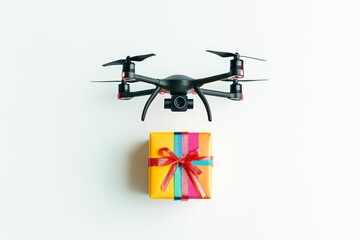 Fototapeta premium A drone and a colorful present on white background.