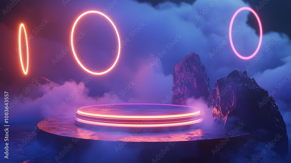Poster floating neon rings abstract environment 3d composition surreal atmosphere aesthetic perspective lig