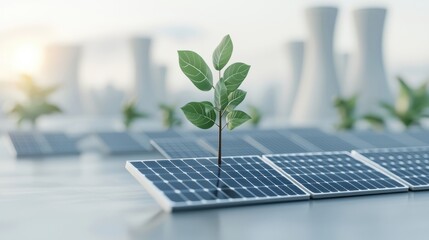 Fototapeta premium A green plant emerges from solar panels, symbolizing the harmony between renewable energy and nature, highlighting sustainability and ecological advancement.