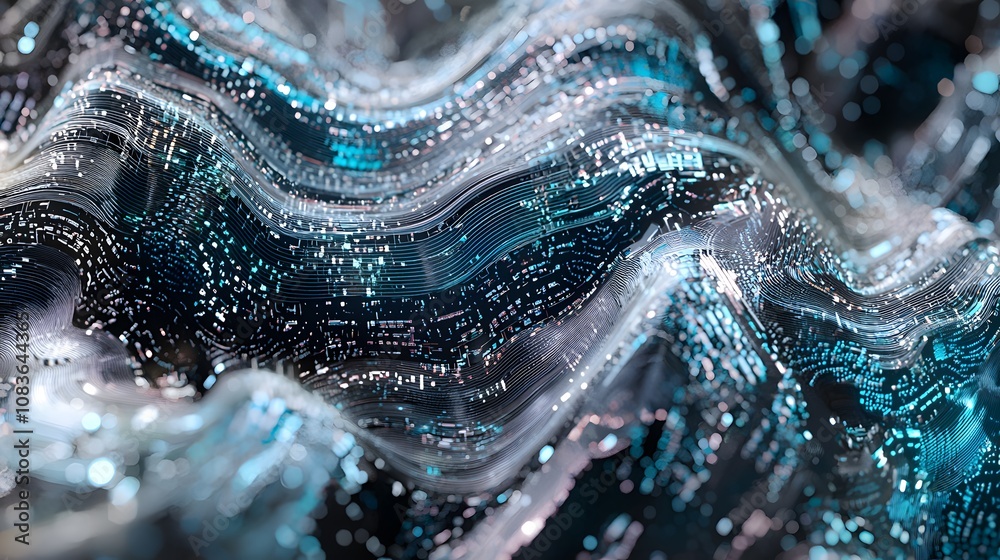 Fototapete Flowing digital waves virtual environment abstract art tech landscape close-up data visualization