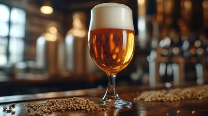 Obraz premium Craft beer glass with frothy foam set on a wooden bar grains hops and barley scattered beside the glass subtle background of brewery decor