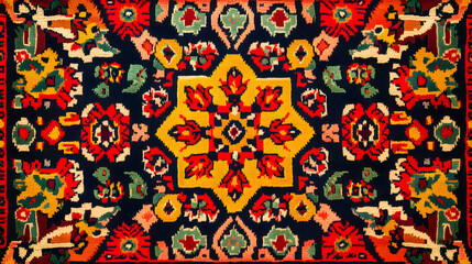 A Detailed Kazakh Rug Pattern Displaying Bold Colors and Sophisticated Geometric Designs for Cultural Appreciation