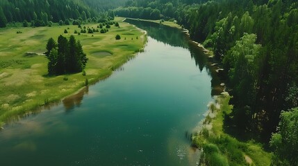 A serene river flowing through lush greenery, reflecting the surrounding landscape.