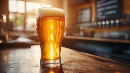 Tall glass of hazy craft beer placed on a bar counter sunlight shining through the golden liquid brewery background with taps and chalkboard menu