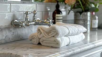 Two white towels neatly folded on a marble bathroom counter.