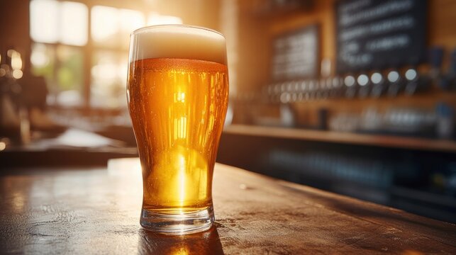 Tall glass of hazy craft beer placed on a bar counter sunlight shining through the golden liquid brewery background with taps and chalkboard menu