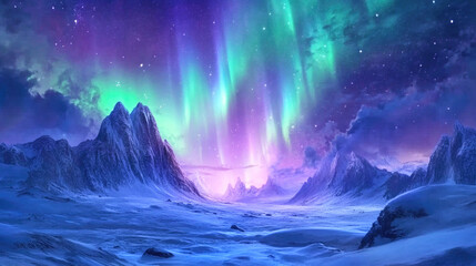 Fototapeta premium Vibrant aurora borealis lighting up the snowy tundra in a serene winter night sky