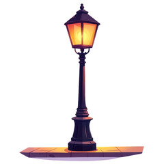 Fototapeta premium Flat style illustration of a vintage lamp post, glowing softly, isolated on white background. cutout png