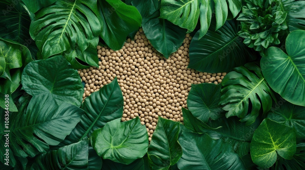 Poster a cluster of soybeans is nestled among rich tropical leaves in a lush green environment, creating a 