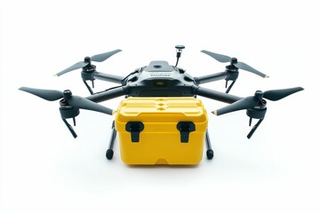 Drone with yellow cargo box.