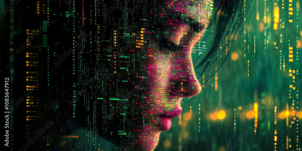 Poster artificial intelligence concept with binary code and virtual female profile
