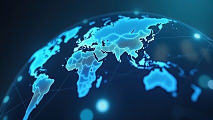 This visualization presents a striking digital representation of the world, highlighting continents and connections with luminous blue lines and vibrant light effects