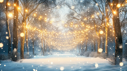 Enchanting winter woodland adorned with sparkling fairy lights and falling snowflakes