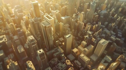 Obraz premium Aerial view of a bustling city skyline at sunset, showcasing tall buildings and urban architecture.