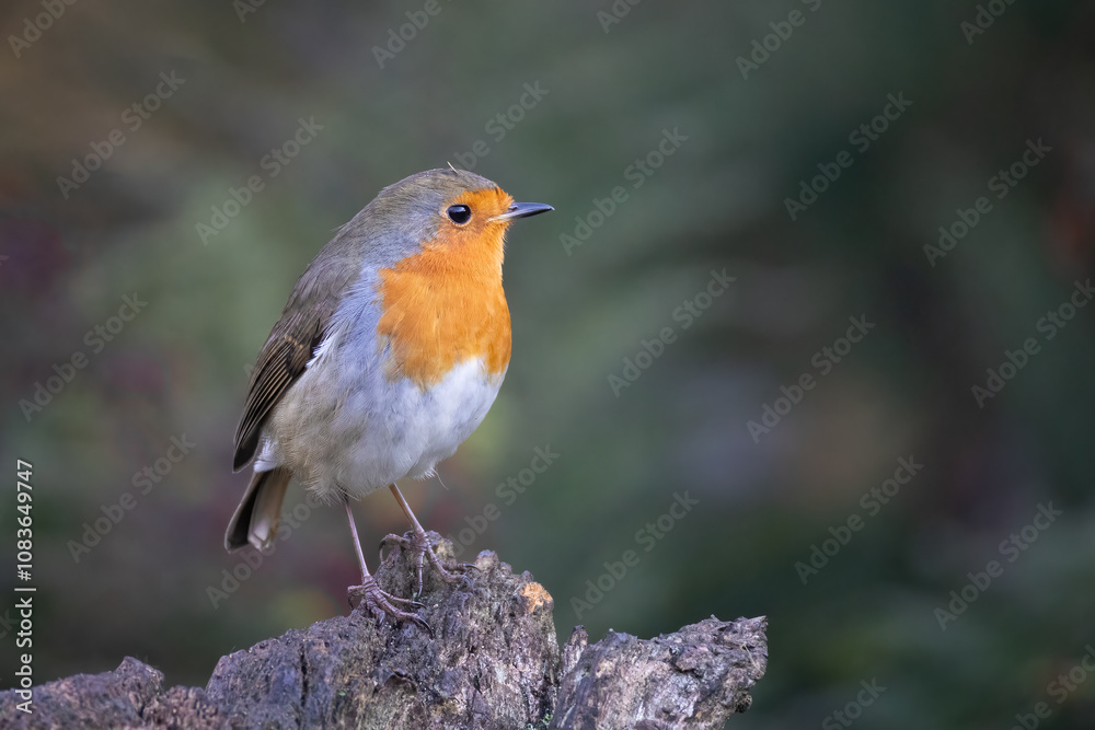 Aufkleber a close up of a common european robin. it is perched on an old tree stump and has a natural out of f