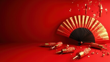 Traditional Chinese New Year fan and firecrackers in a 3D composition on a red background, with a clean text area.