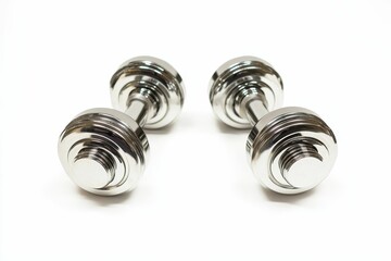 Two shiny chrome dumbbells on white background.
