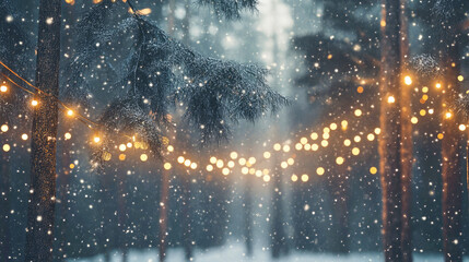 A snowy pine forest illuminated by golden string lights creates a warm ambiance in winter