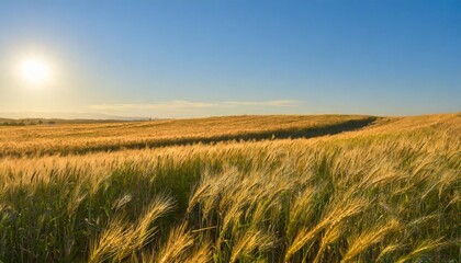 Obraz premium Golden Fields of Wheat Swaying Gently in the Wind, Stretched Across a Vast Plain Under a Brilliant Blue Sky, With the Warm Sun Casting a Soft Glow Over the Horizon