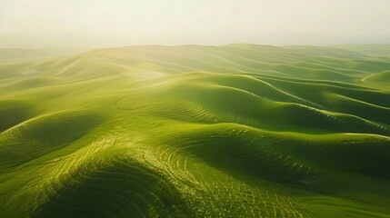 Obraz premium Aerial view of lush green rolling hills under soft sunlight, showcasing the beauty of nature.