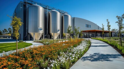 Obraz premium Exterior shot of a large beer production facility with silos and tanks towering over the factory grounds clear blue sky sprawling industrial complex
