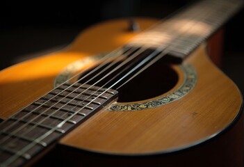 Obraz premium A close-up view of an acoustic guitar with its strings and fretboard visible in the dark