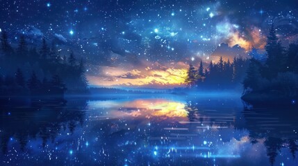 Obraz premium A tranquil lake reflecting a starry night sky above a forest.