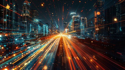Fototapeta premium Futuristic city night highway with light trails.