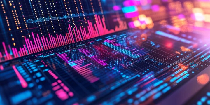 A laptop screen shows charts and graphs, representing data analysis and statistics.  It's a modern design with weekly and yearly trends, showing the power of technology.