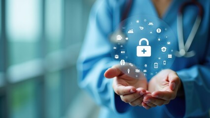 A healthcare professional in scrubs demonstrates the importance of digital security for patient data, showcasing a protective symbol in their hands within a medical environment