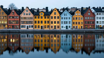 Naklejka premium Colorful Wooden Houses Along the Harbor in Gamla Stan, Stockholm, Sweden 