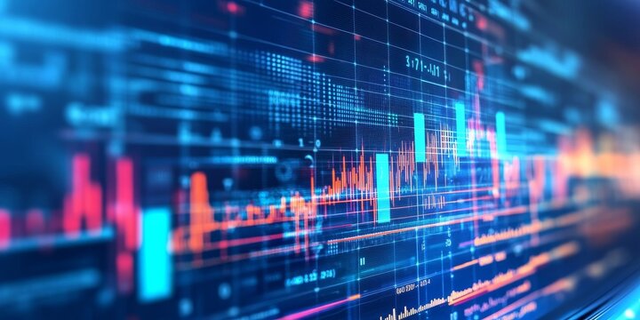 A laptop screen shows charts and graphs, representing data analysis and statistics.  It's a modern design with weekly and yearly trends, showing the power of technology.