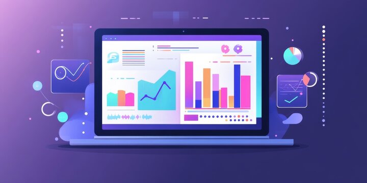 A laptop screen shows charts and graphs, representing data analysis and statistics.  It's a modern design with weekly and yearly trends, showing the power of technology.