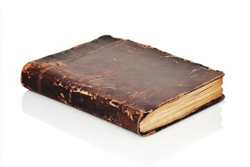 Obraz premium Antique leather-bound book with a worn cover, isolated on a white background.