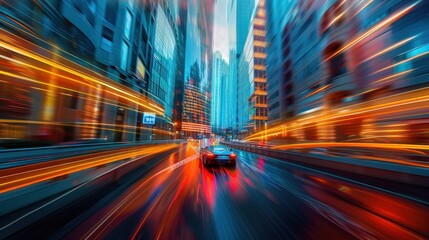 Obraz premium A speeding car streaks through a bustling city street, leaving a trail of light and motion blur.