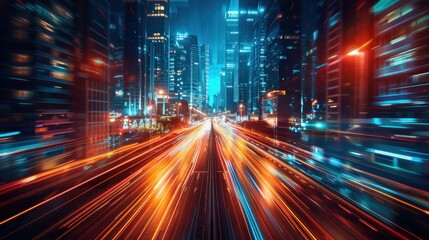 Fototapeta premium Night city highway, vibrant light trails.