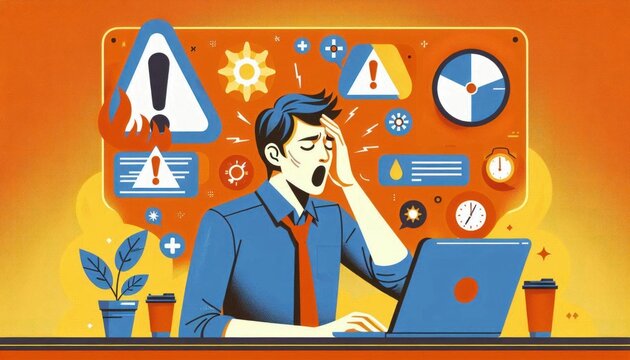 Illustration depicting burnout prevention with vibrant colors and urgent alerts in a work environment emphasizing exhaustion and stress management strategies