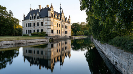 Fototapeta premium Historic Egeskov Castle Surrounded by Moat, Denmark 
