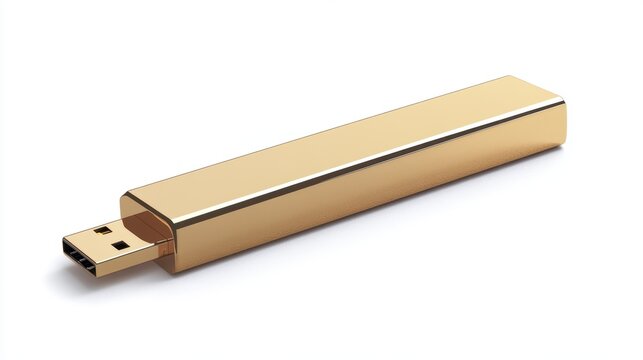 Gold USB flash drive, isolated on white background, modern storage solution.