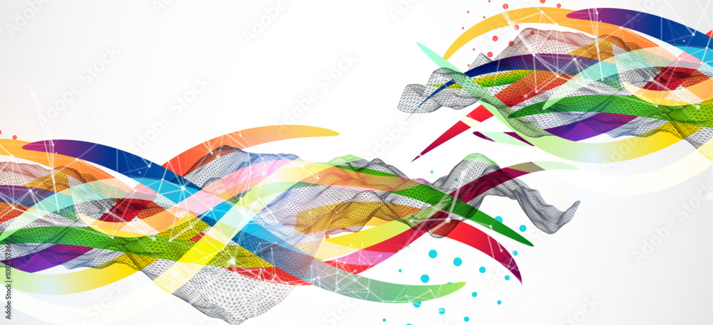 Aufkleber Abstract wireframe wave with colored lines in wave style. Plexus effect. Hand drawn vector.