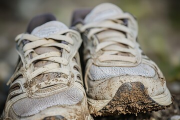 A close-up of dirty athletic shoes, indicating outdoor activity or exercise.