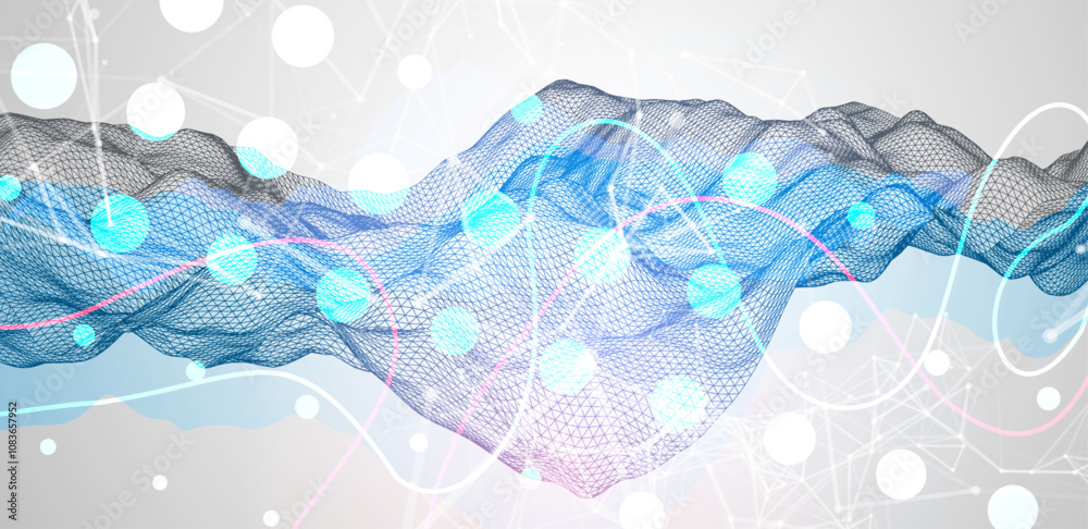 Poster Abstract frame wave with colored spots on it and curved lines. Plexus effect. Hand drawn vector.